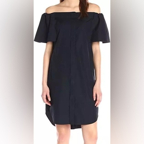 Vince Off Shoulder Poplin Cotton Button Down Shirt Dress In Navy Blue Size 8 - Picture 1 of 10